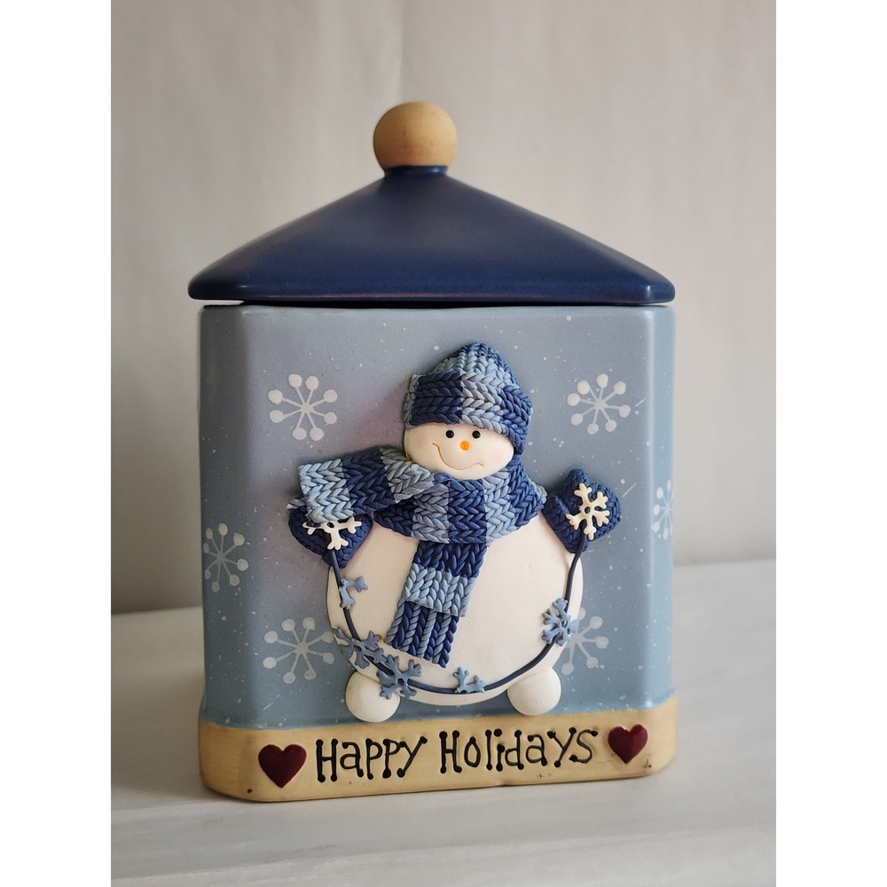 Blue Snowman Ceramic Cookie Jar Happy Holidays Winter Snowflake Canister 8 Inch